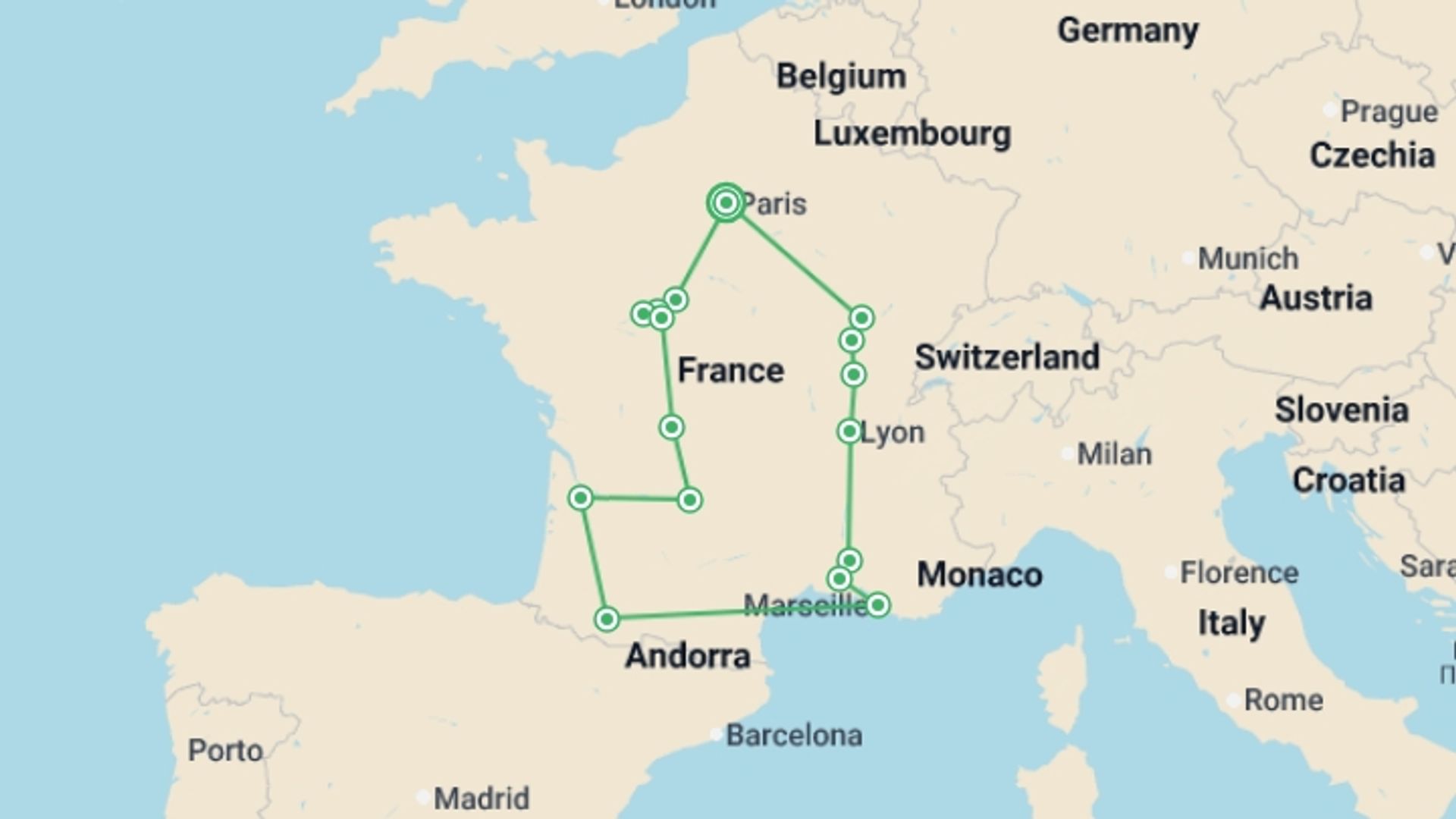 A map showing the tour itinerary for the trip: Magnificent France, starting in Paris, France and ending in Paris, France going through 8 other destinations.