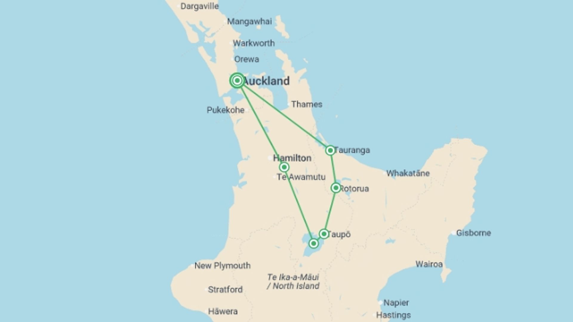 A map showing the tour itinerary for the trip: Auckland, Rotorua & Taupo - 7 days, starting in Auckland, New Zealand and ending in Auckland, New Zealand going through 3 other destinations.
