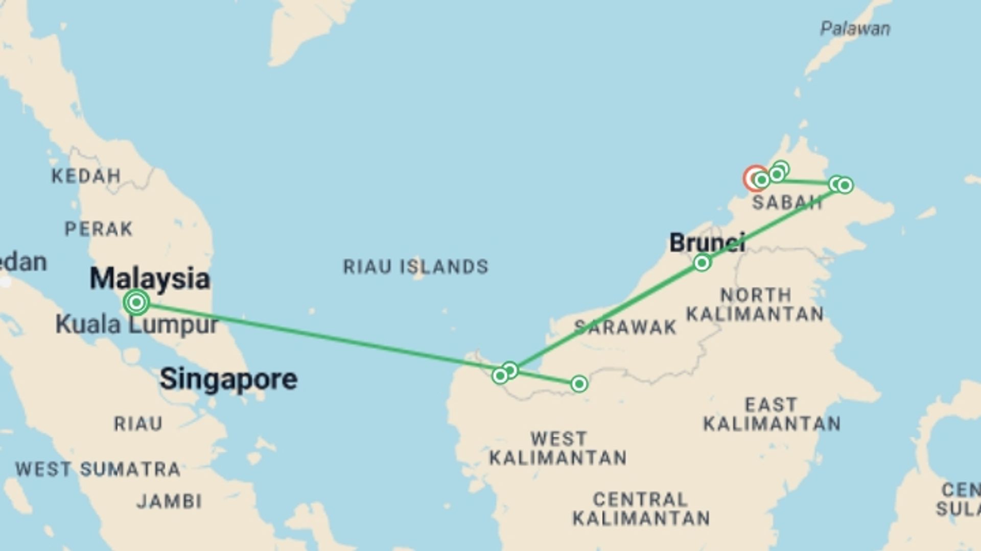 A map showing the tour itinerary for the trip: In-depth Borneo & Malaysia Tour, starting in Kuala Lumpur, Malaysia and ending in Kota Kinabalu, Malaysia going through 7 other destinations.