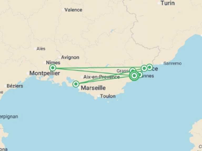 Map itinerary of France Tour in May 2026 with 2 destination visits for the trip: Cannes & the Cote d'Azur - 8 days