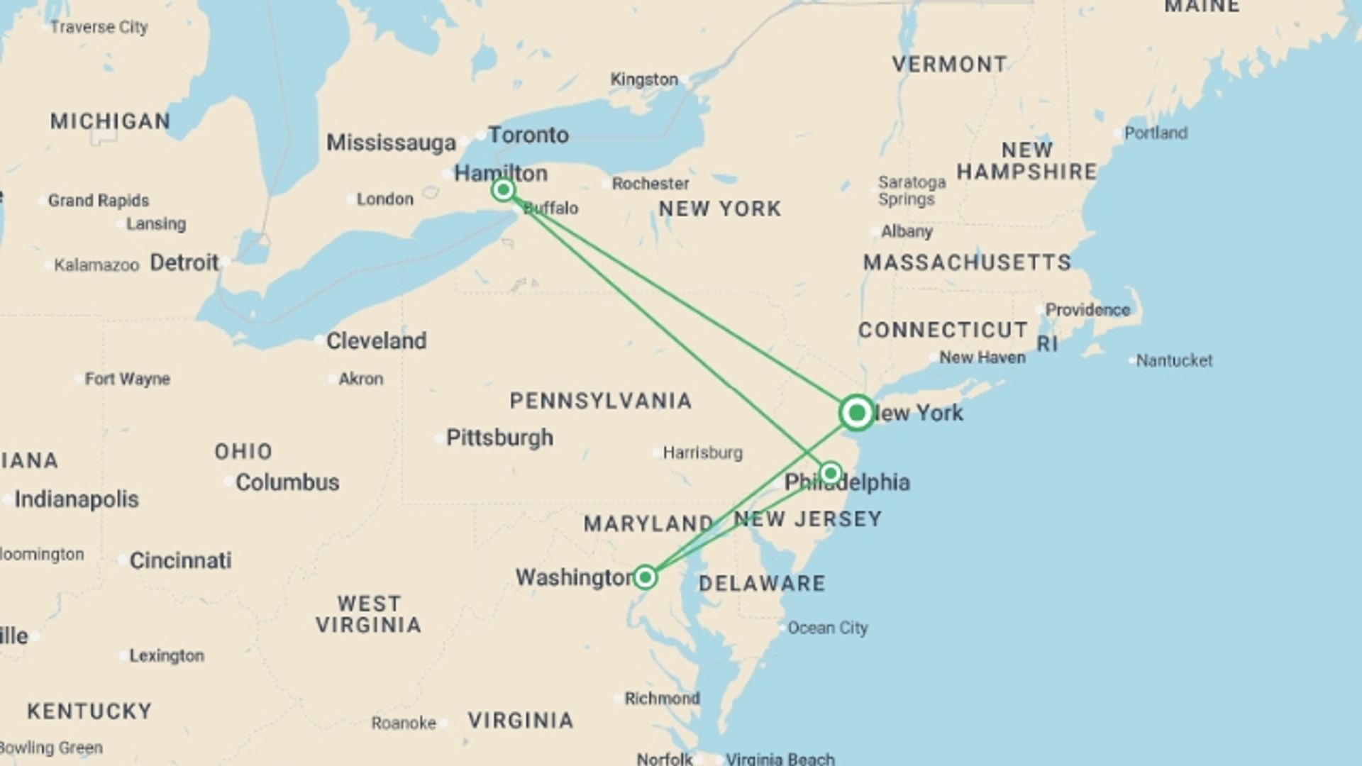 A map showing the tour itinerary for the trip: Ultimate Niagara & East Coast Highlights - 5 days, starting in New York, USA and ending in New York, USA going through 3 other destinations.
