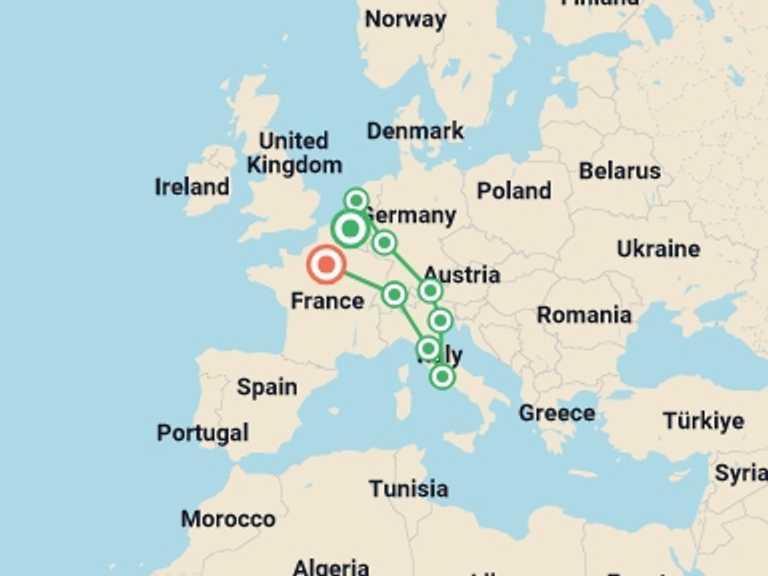Map itinerary of London Tour in January 2027 with 3 destination visits for the trip: European Whirl