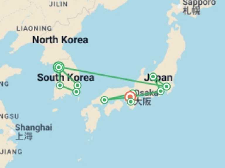 Map itinerary of Asia Tour in September 2026 with 11 destination visits for the trip: Epic South Korea & Japan - 26 days