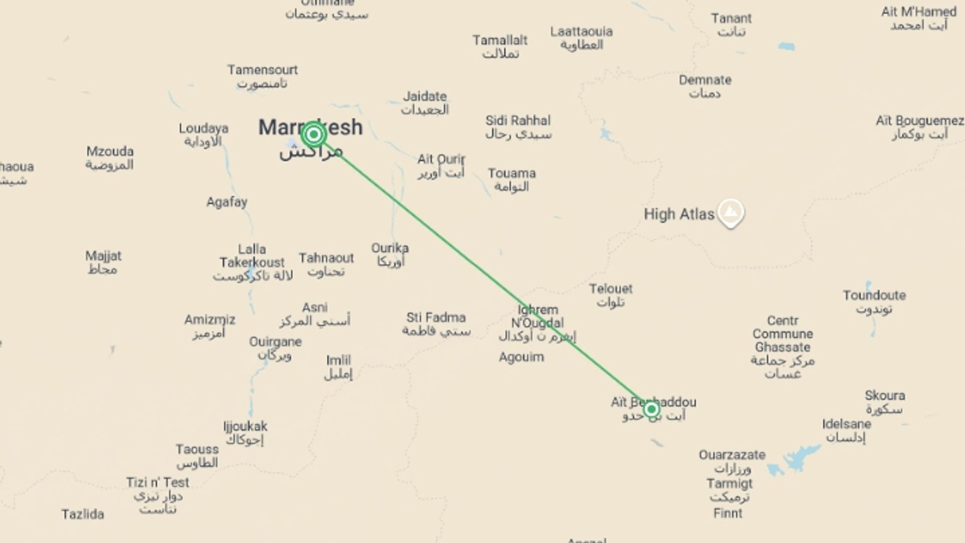 A map showing the tour itinerary for the trip: Marrakech & Ait Benhaddou - 4 days, starting in Marrakech, Morocco and ending in Marrakech, Morocco going through 1 other destinations.