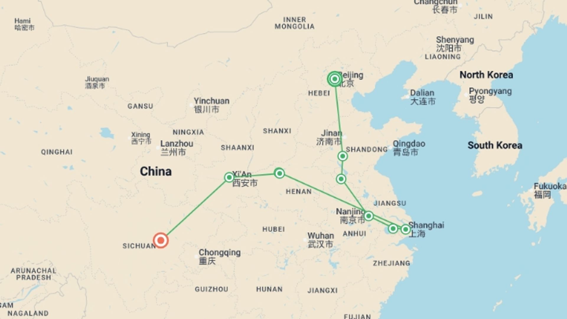 A map showing the tour itinerary for the trip: Traditional China and Chengdu, starting in Beijing, China and ending in Chengdu, China going through 8 other destinations.