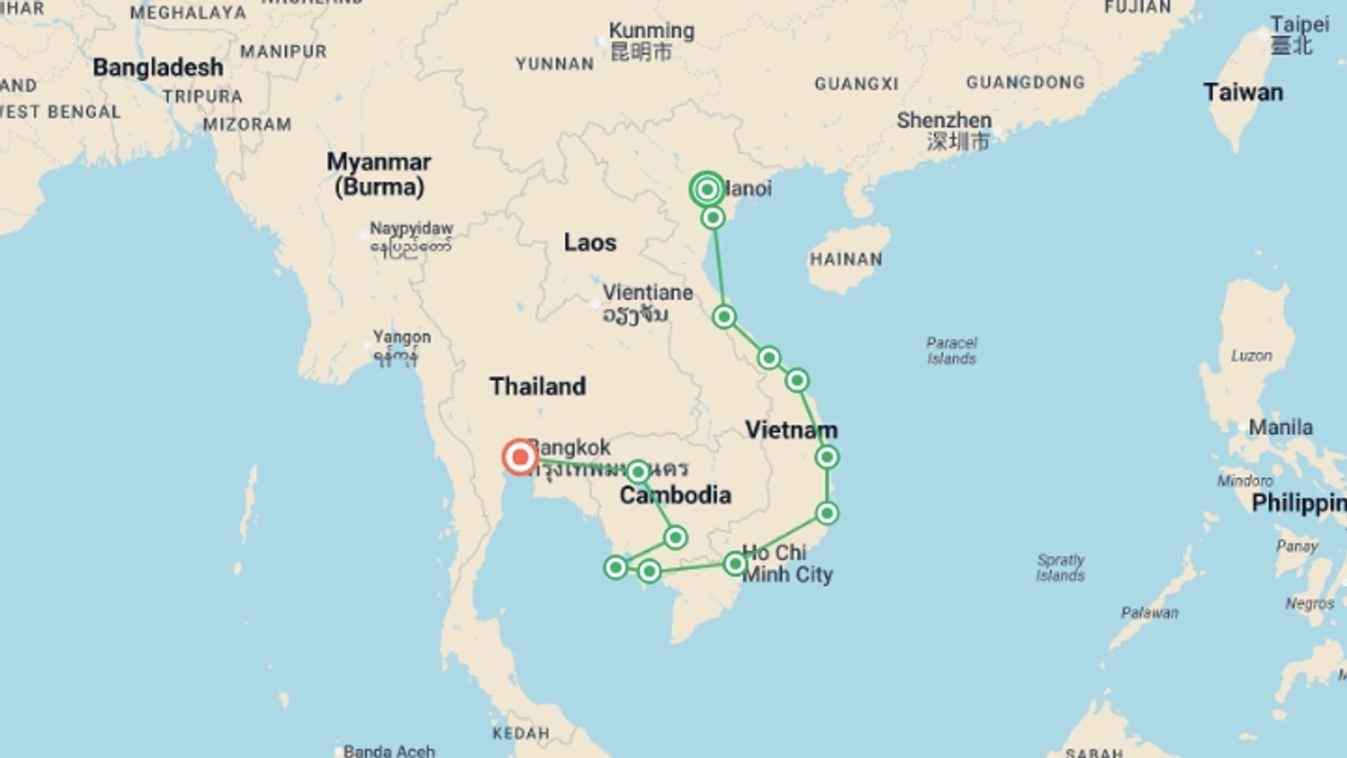 A map showing the tour itinerary for the trip: Essential Southeast Asia: Hanoi, Phnom Penh & Thailand Good Times, starting in Hanoi, Vietnam and ending in Bangkok, Thailand going through 12 other destinations.