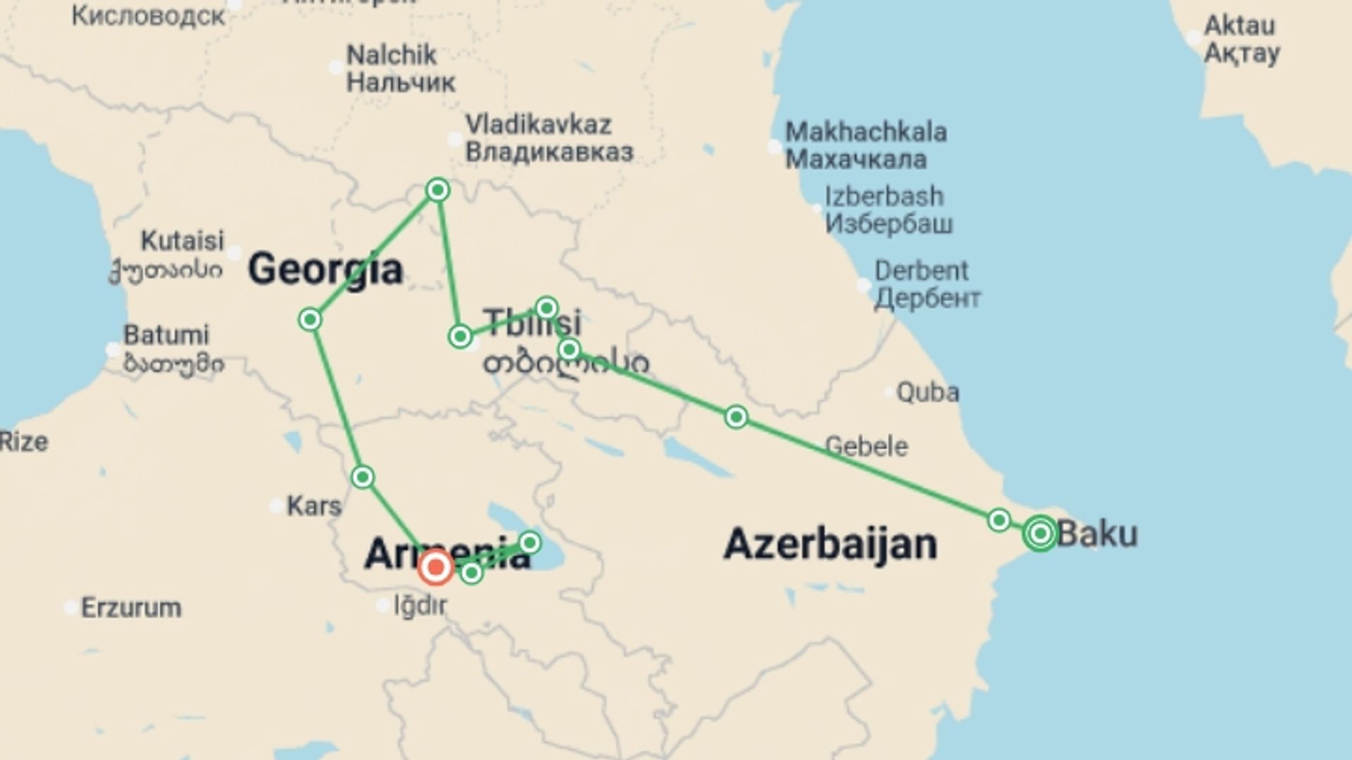 A map showing the tour itinerary for the trip: Azerbaijan, Georgia & Armenia Explorer, starting in Baku, Azerbaijan and ending in Yerevan, Armenia going through 10 other destinations.