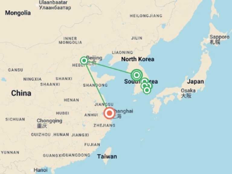 Map of Asia Tour with 5 destination visits for the trip: Korea, Beijing, and Shanghai