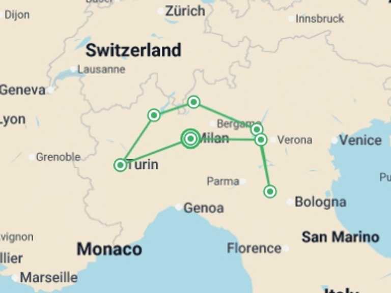 Map of 9-Day Italy Tour with 7 destination visits for the trip: Northern Italian Lakes & Countryside