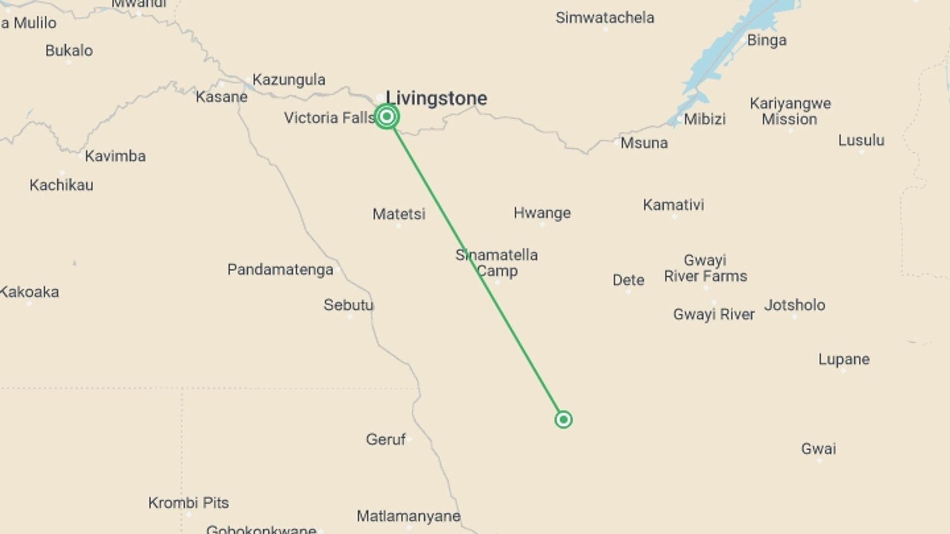 A map showing the tour itinerary for the trip: Six Day Hwange National Park and Victoria Falls Combo, starting in Victoria Falls, Zimbabwe and ending in Victoria Falls, Zimbabwe going through 1 other destinations.