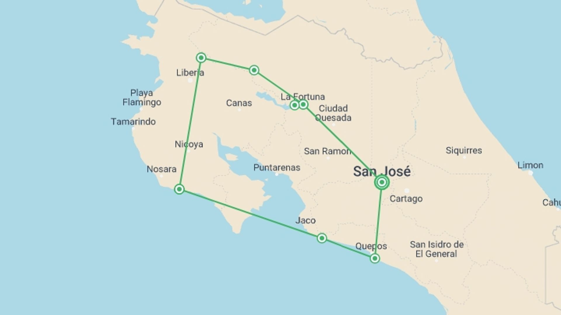A map showing the tour itinerary for the trip: Costa Rica Adventure, starting in San Jose, Costa Rica and ending in San Jose, Costa Rica going through 6 other destinations.