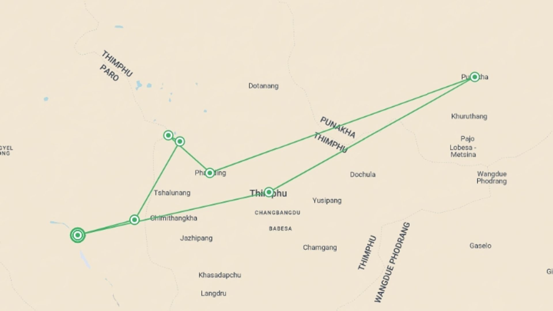 A map showing the tour itinerary for the trip: 11 Day Druk Path Trek, starting in Paro, Bhutan and ending in Paro, Bhutan going through 7 other destinations.