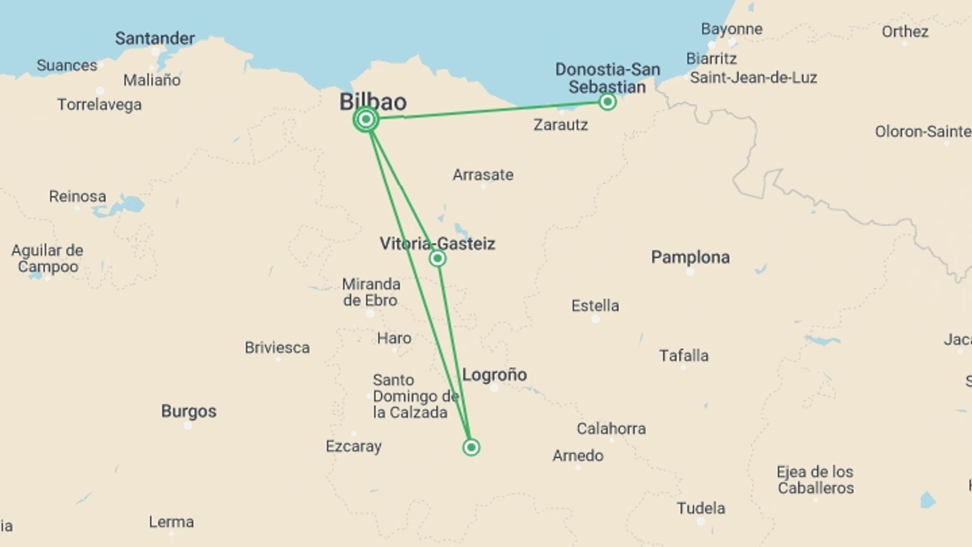 A map showing the tour itinerary for the trip: Sensations of the Basque Country, starting in Bilbao, Spain and ending in Bilbao, Spain going through 2 other destinations.