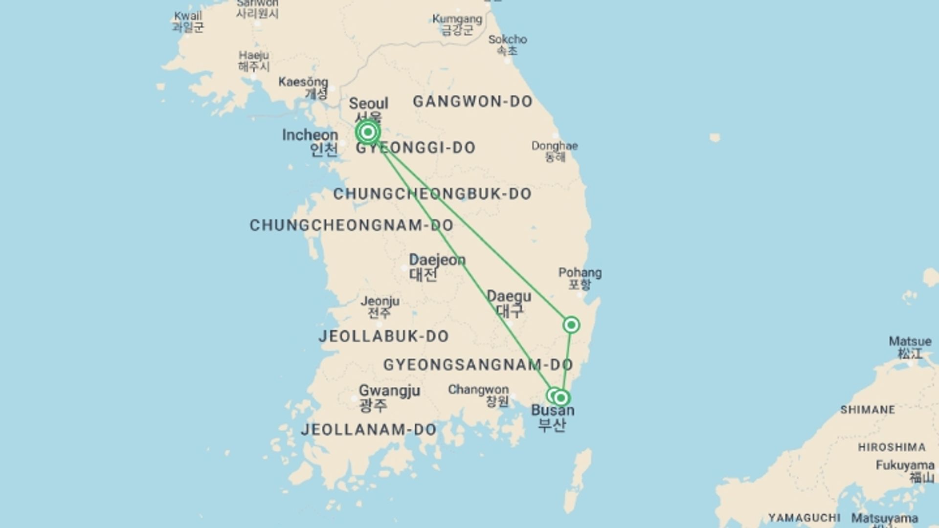 A map showing the tour itinerary for the trip: Best of South Korea, starting in Seoul, South Korea and ending in Seoul, South Korea going through 2 other destinations.