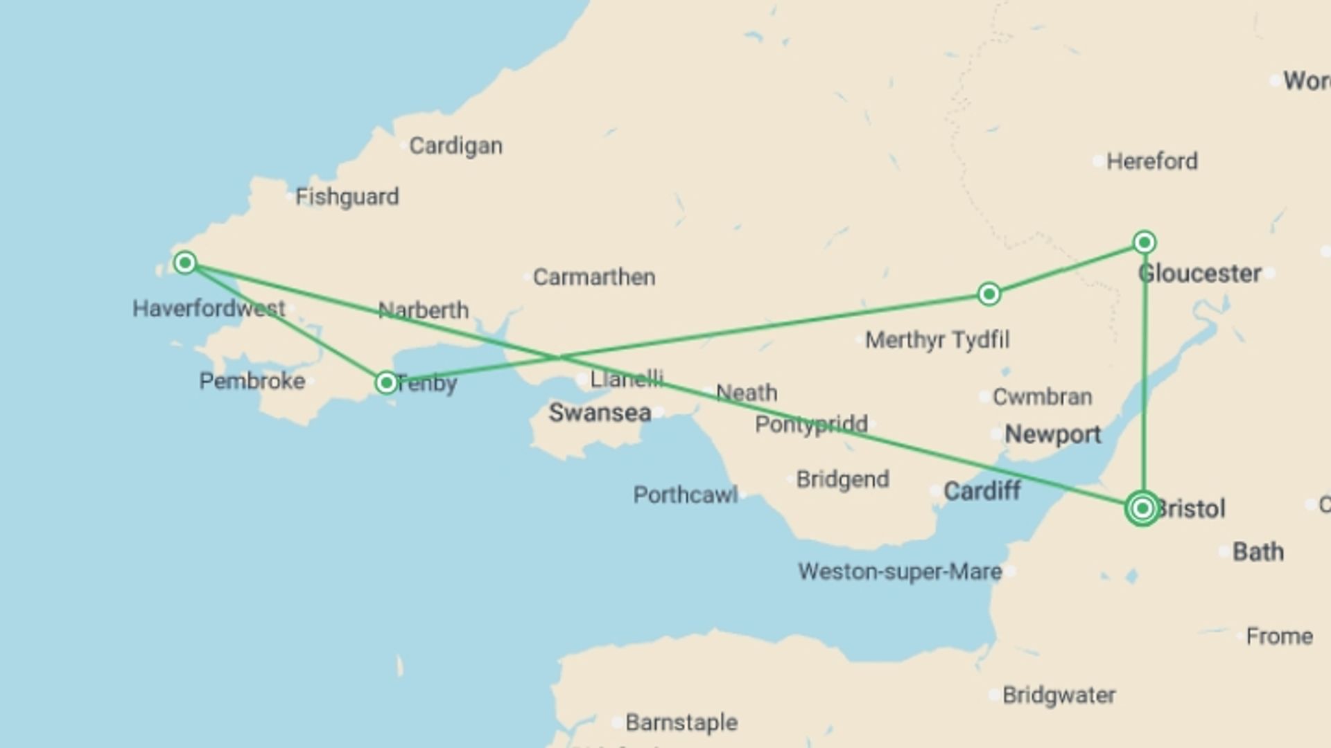 A map showing the tour itinerary for the trip: Scenic South Wales - 3 days, starting in Bristol, England and ending in Bristol, England going through 2 other destinations.