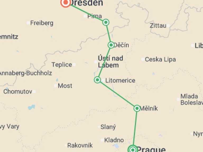 Map itinerary of Europe Tour in Fall with 6 destination visits for the trip: Prague to Dresden Self Guided Cycle