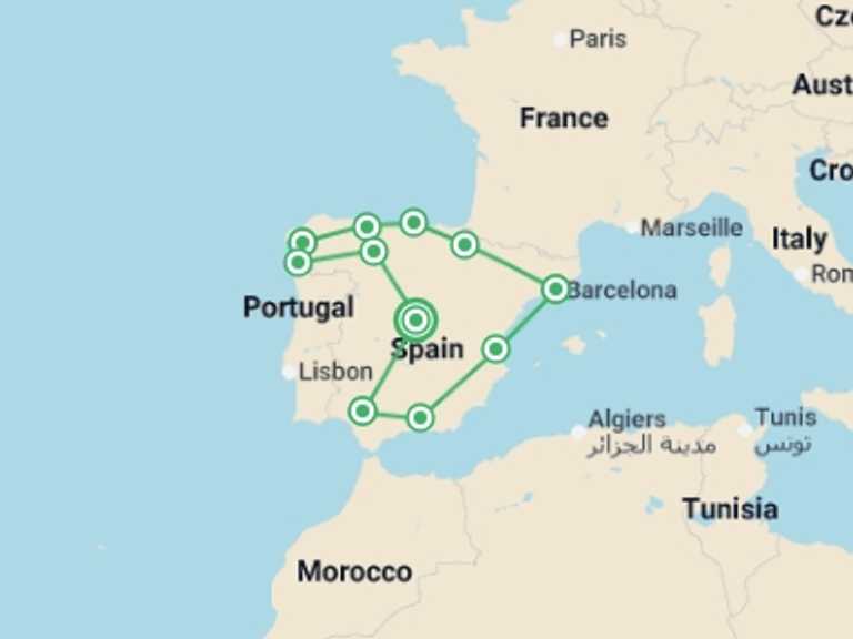 Map of Europe Tour with 11 destination visits for the trip: Spain Uncovered - 14 days