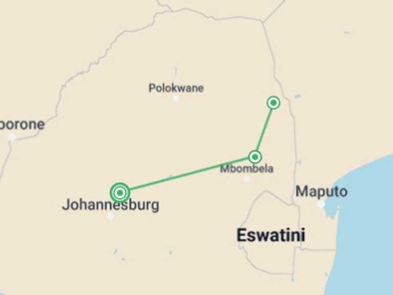 Map of Pretoria Wildlife safaris and game drives Tour with 3 destination visits for the trip: 4-day Kruger Safari Camping