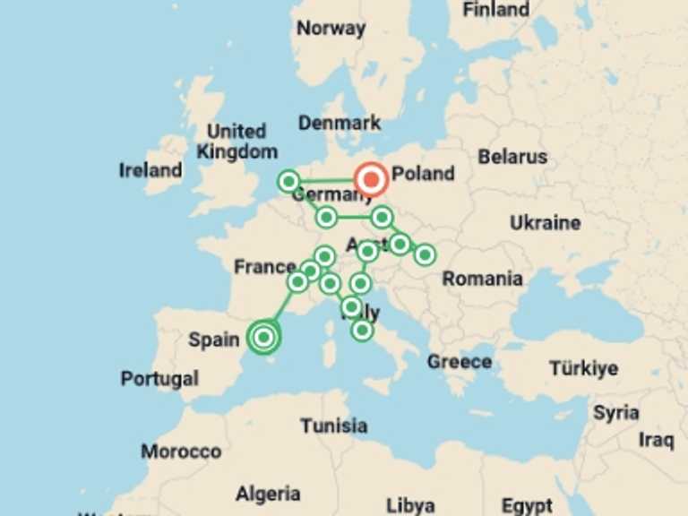 Map itinerary of Budapest Tour in April 2026 with 16 destination visits for the trip: Colourful Europe