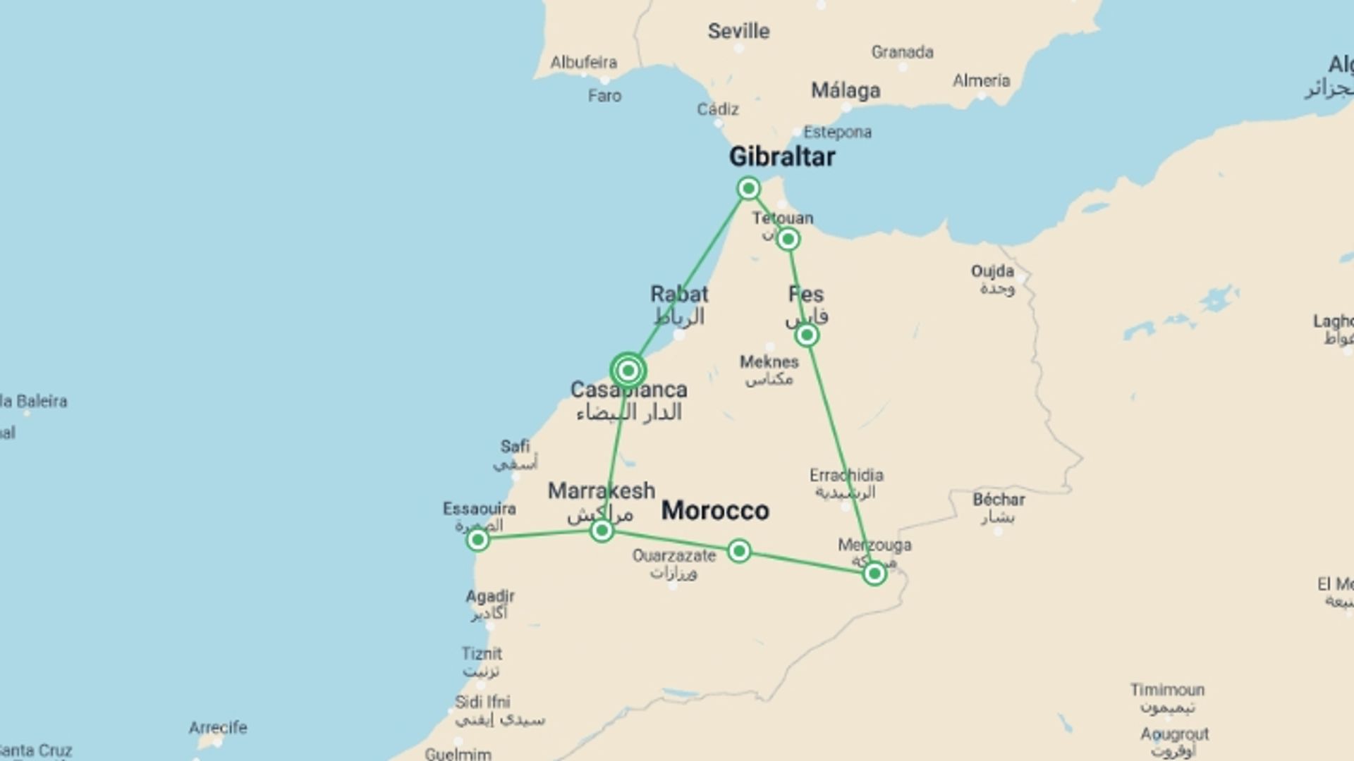 A map showing the tour itinerary for the trip: Twelve Day Morocco Tour From Casablanca, starting in Casablanca, Morocco and ending in Casablanca, Morocco going through 9 other destinations.