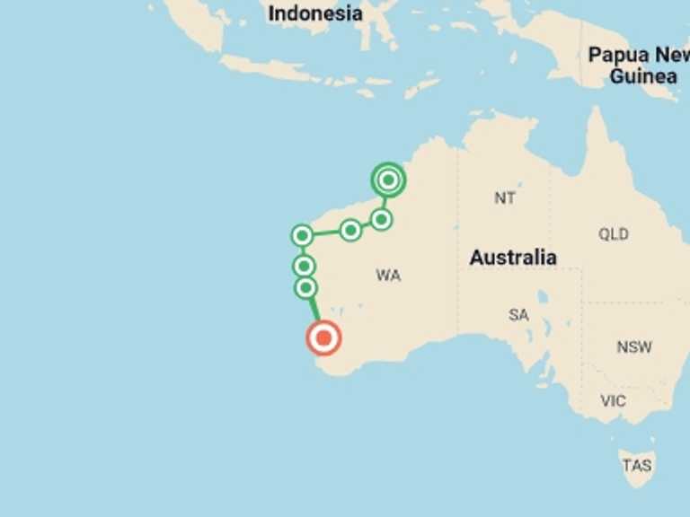 Map of Oceania Tour with 7 destination visits for the trip: Broome to Perth Safari