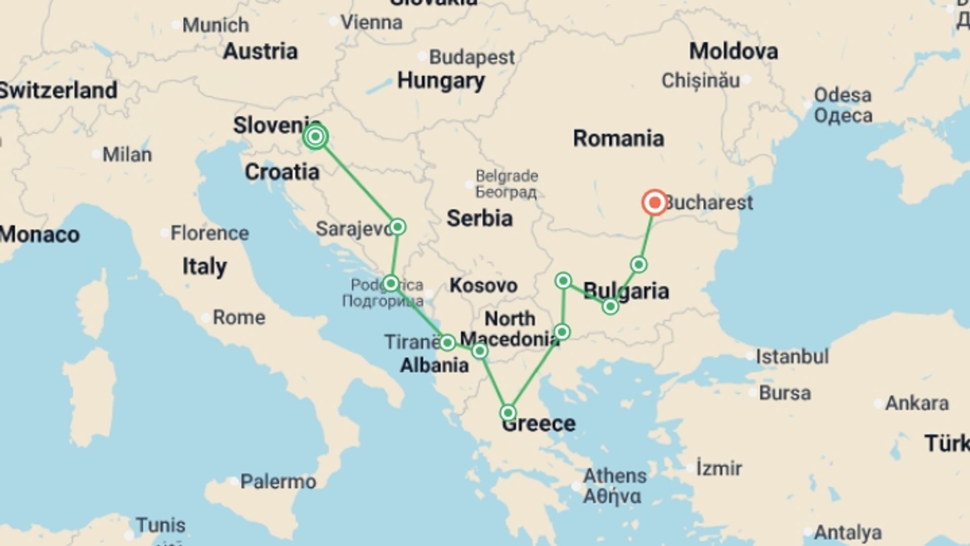 A map showing the tour itinerary for the trip: Balkan Dreams, starting in Zagreb, Croatia and ending in Bucharest, Romania going through 9 other destinations.