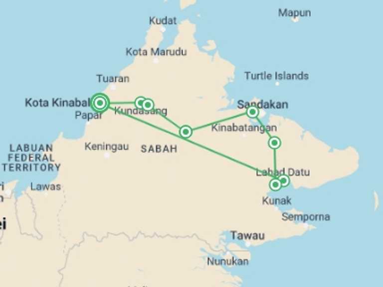 Map itinerary of South East Asia Tour in September 2026 with 9 destination visits for the trip: Untamed Borneo