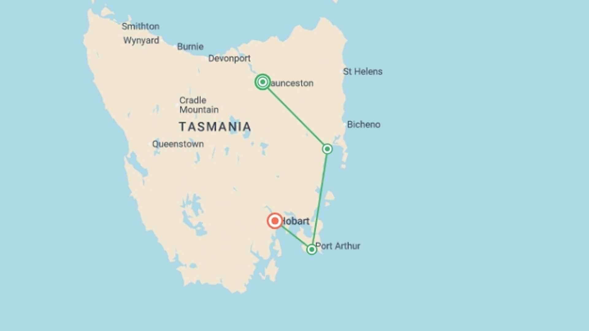 A map showing the tour itinerary for the trip: Walk Tasmania’s Capes, Freycinet & Maria Island, starting in Launceston, Australia and ending in Hobart, Australia going through 2 other destinations.