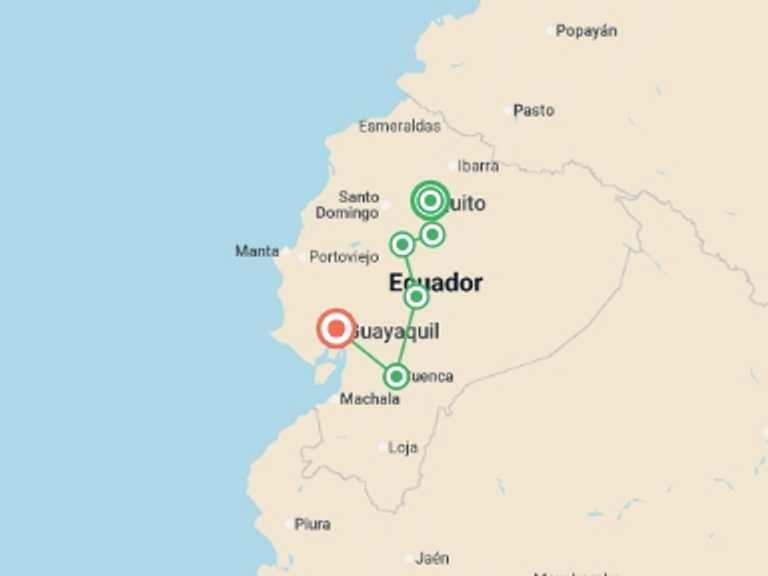 Map itinerary of South America Tour in March 2027 with 5 destination visits for the trip: 8-day Mainland Ecuador: Quito, Cotopaxi, Quilotoa, Cuenca & Guayaquil, Private Tour, French-speaking Guide