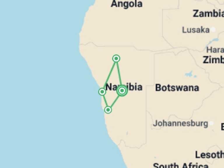 Map of Africa Wildlife safaris and game drives Tour with 4 destination visits for the trip: Nomadic Namibia 35 to 45