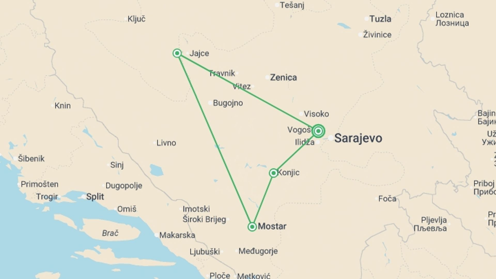 A map showing the tour itinerary for the trip: Bosnia & Herzegovina Adventure, starting in Sarajevo, Bosnia Herzegovina and ending in Sarajevo, Bosnia Herzegovina going through 3 other destinations.