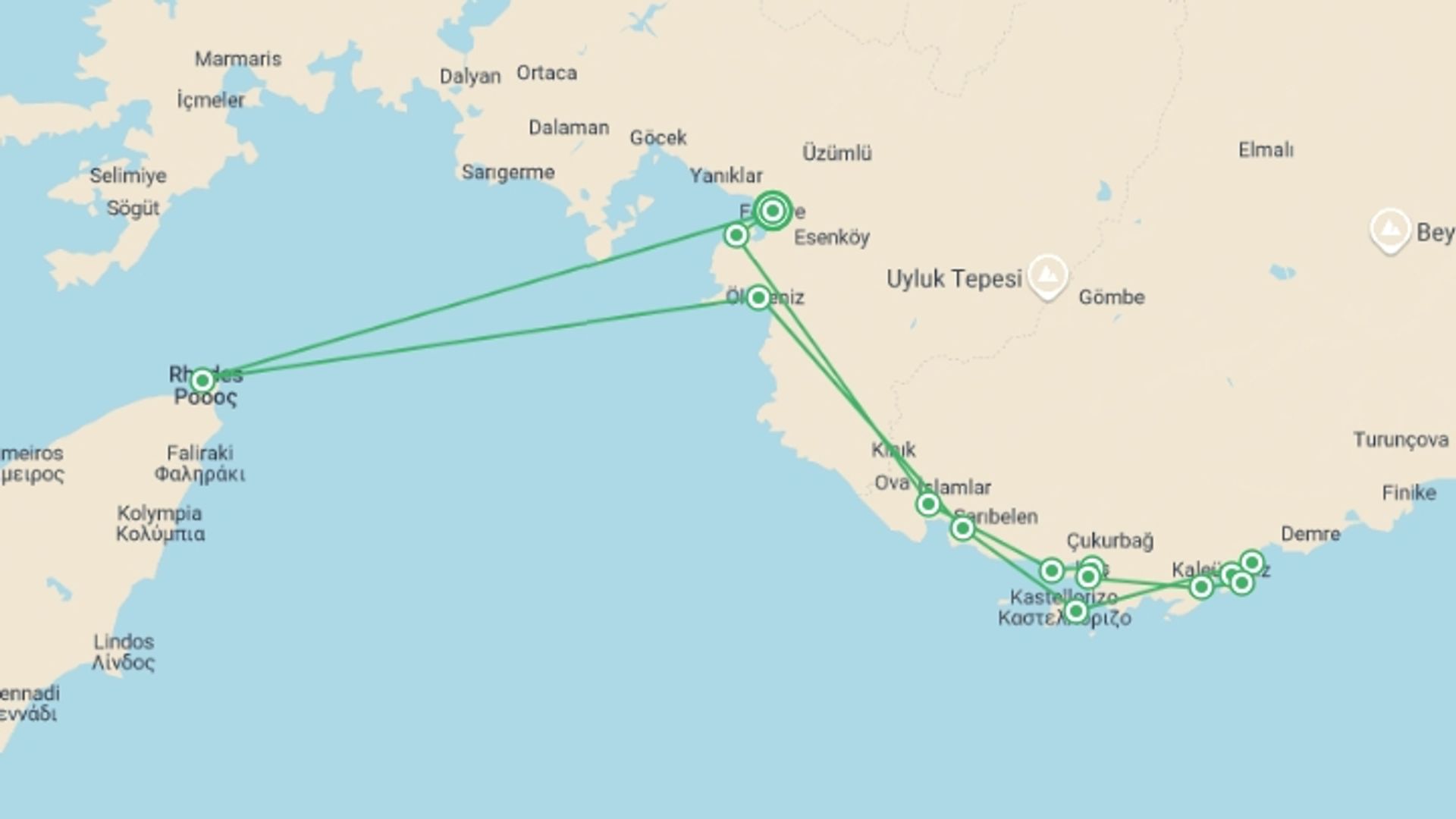 A map showing the tour itinerary for the trip: Turkey Sailing Adventure - 8 days, starting in Fethiye, Turkey and ending in Fethiye, Turkey going through 6 other destinations.