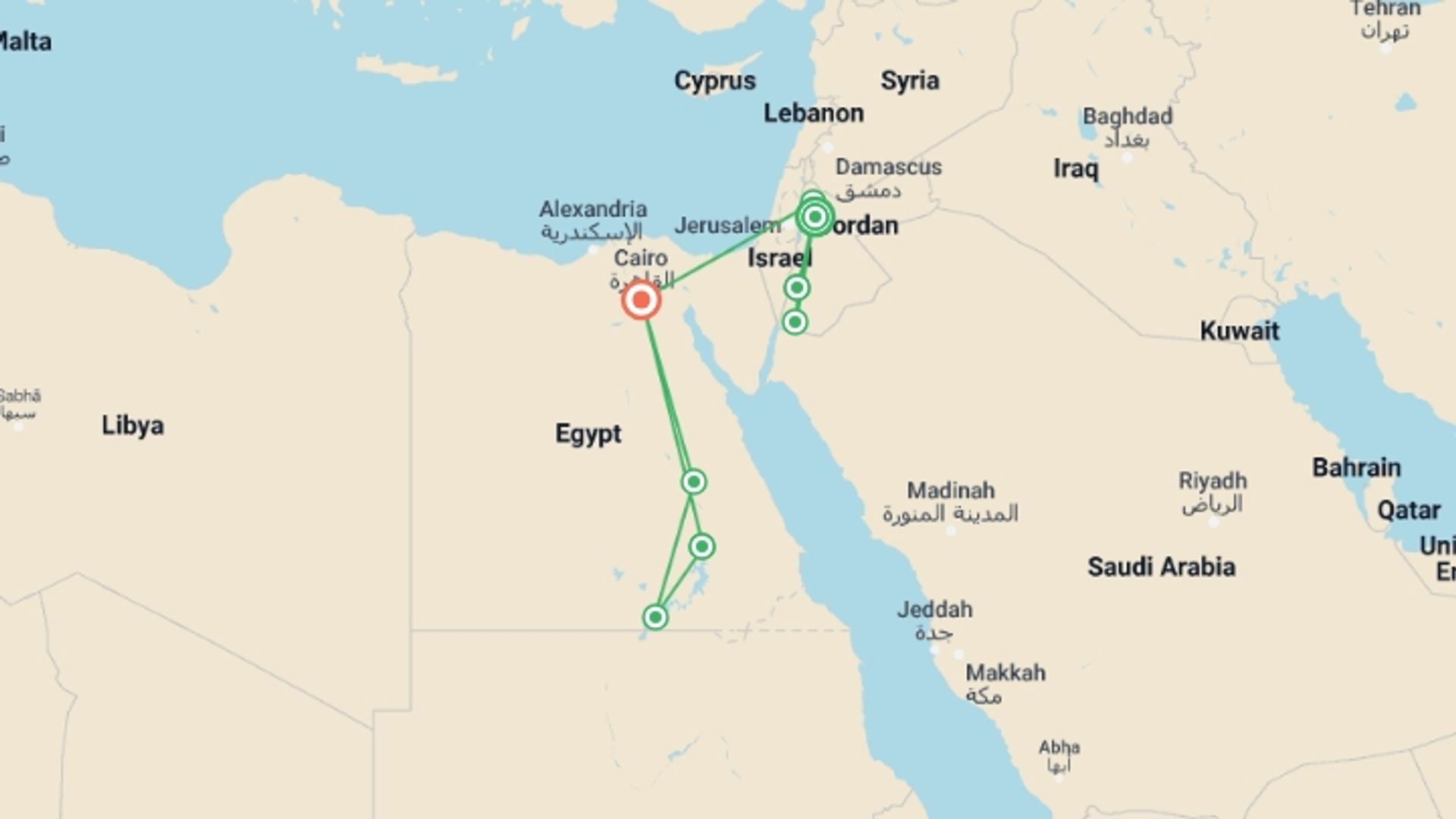 A map showing the tour itinerary for the trip: Jordan & Egypt Explorer, starting in Amman, Jordan and ending in Cairo, Egypt going through 5 other destinations.