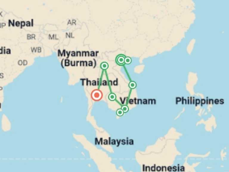 Map of 19-Day Asia Tour with 7 destination visits for the trip: Kingdoms of Southeast Asia Vietnam, Cambodia, Laos and Thailand