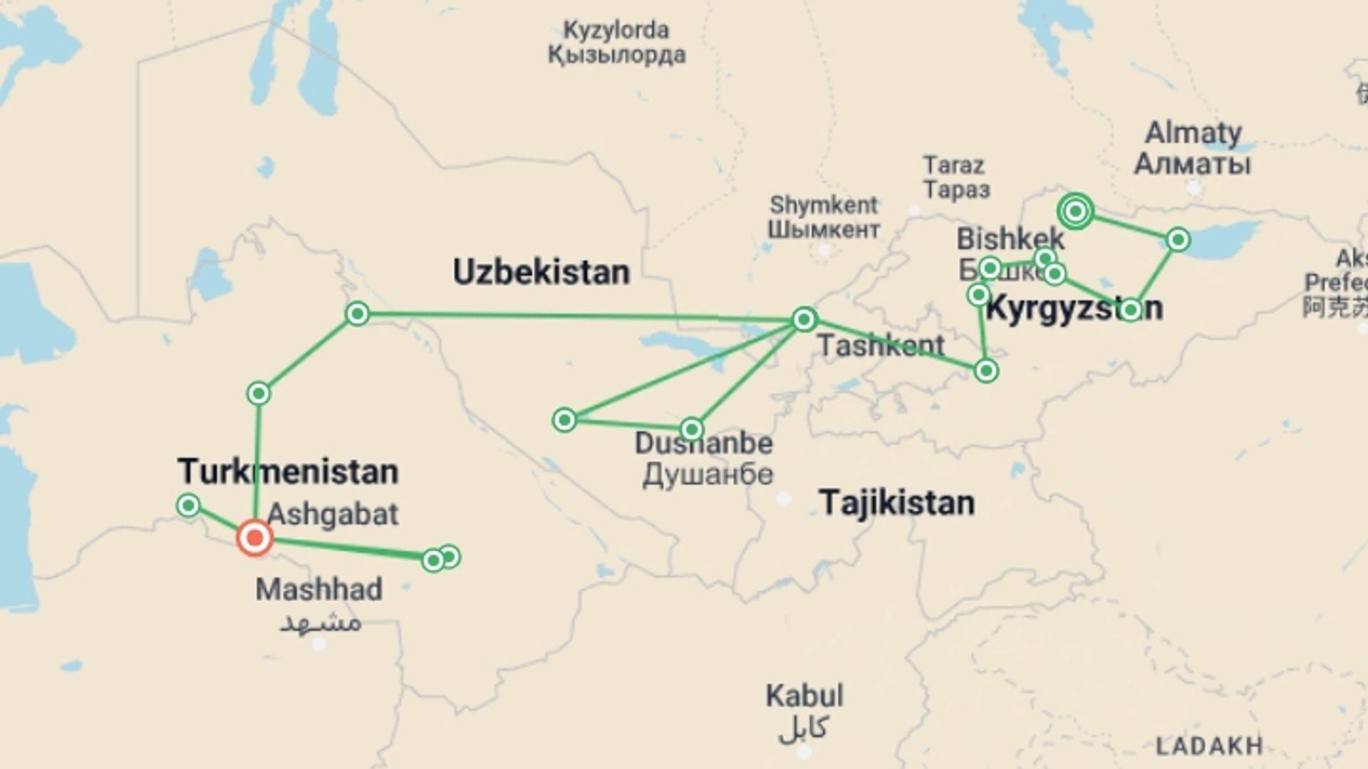 A map showing the tour itinerary for the trip: Bishkek to Ashgabat, starting in Bishkek, Kyrgyzstan and ending in Ashgabat, Turkmenistan going through 13 other destinations.