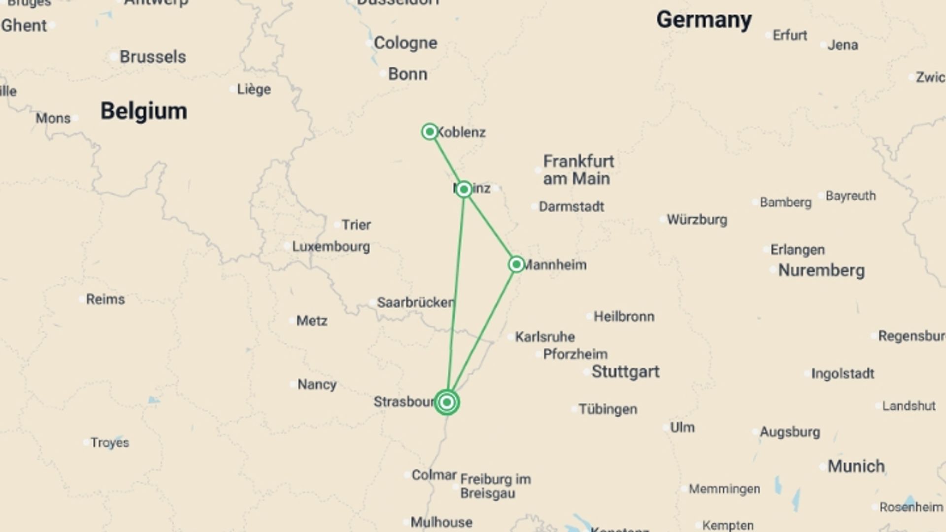A map showing the tour itinerary for the trip: The Rhine in flames (port-to-port cruise), starting in Strasbourg, France and ending in Strasbourg, France going through 3 other destinations.
