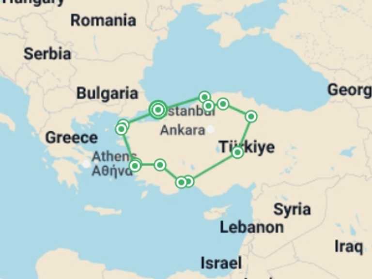 Map of Balkans Tour with 12 destination visits for the trip: Grand Tour of Turkey - 16 days