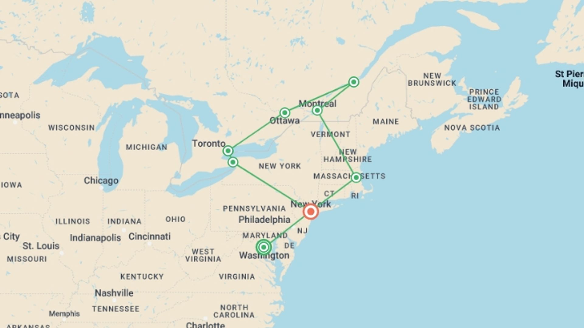 A map showing the tour itinerary for the trip: Whashington, NY with Capites Canadienses end NY, starting in Washington D.C., USA and ending in New York, USA going through 6 other destinations.