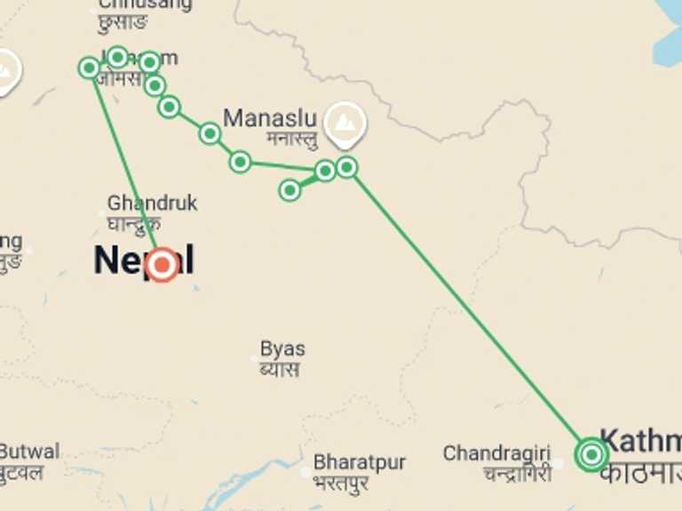 Map of 15-Day Pokhara Tour with 12 destination visits for the trip: Annapurna Circuit Trek