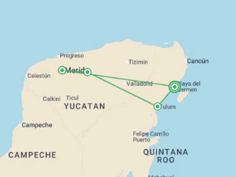 Map itinerary of Playa Del Carmen Tour in December 2025 with 4 destination visits for the trip: Mexico Family Holiday