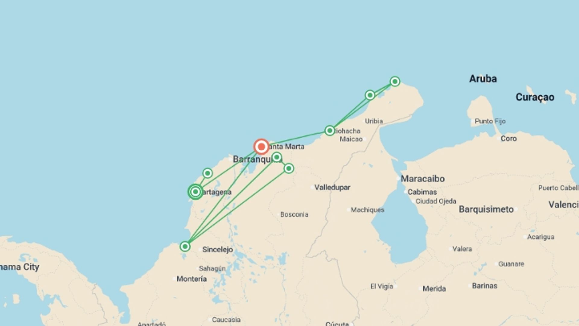 A map showing the tour itinerary for the trip: Colombian Caribbean Highlights 14D/13N, starting in Cartagena, Colombia and ending in Santa Marta, Colombia going through 6 other destinations.