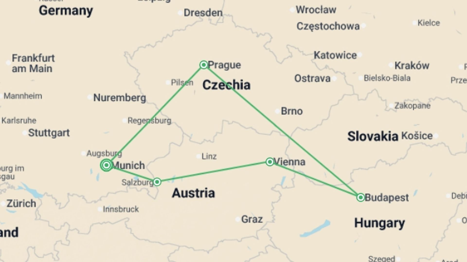 A map showing the tour itinerary for the trip: Imperial Europe, starting in Munich, Germany and ending in Munich, Germany going through 4 other destinations.