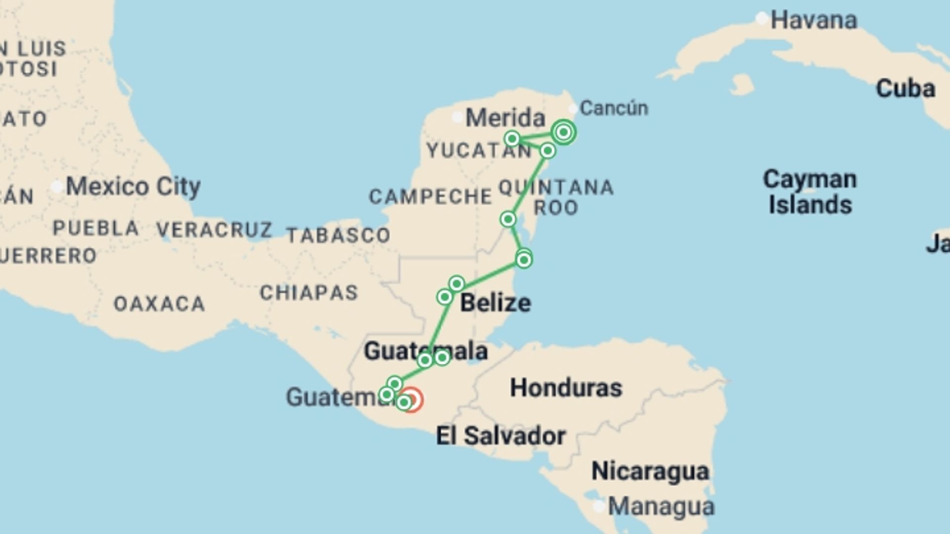 A map showing the tour itinerary for the trip: CENTRAL AMERICA INTRO, starting in Playa Del Carmen, Mexico and ending in Antigua, Guatemala going through 12 other destinations.