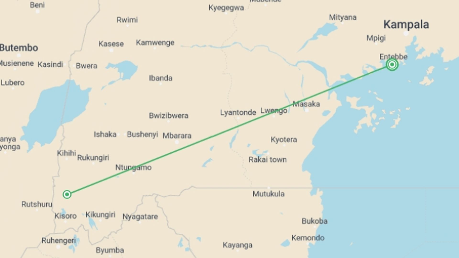 A map showing the tour itinerary for the trip: 3 Days Bwindi Gorilla Trekking Safari, starting in Entebbe, Uganda and ending in Entebbe, Uganda going through 1 other destinations.