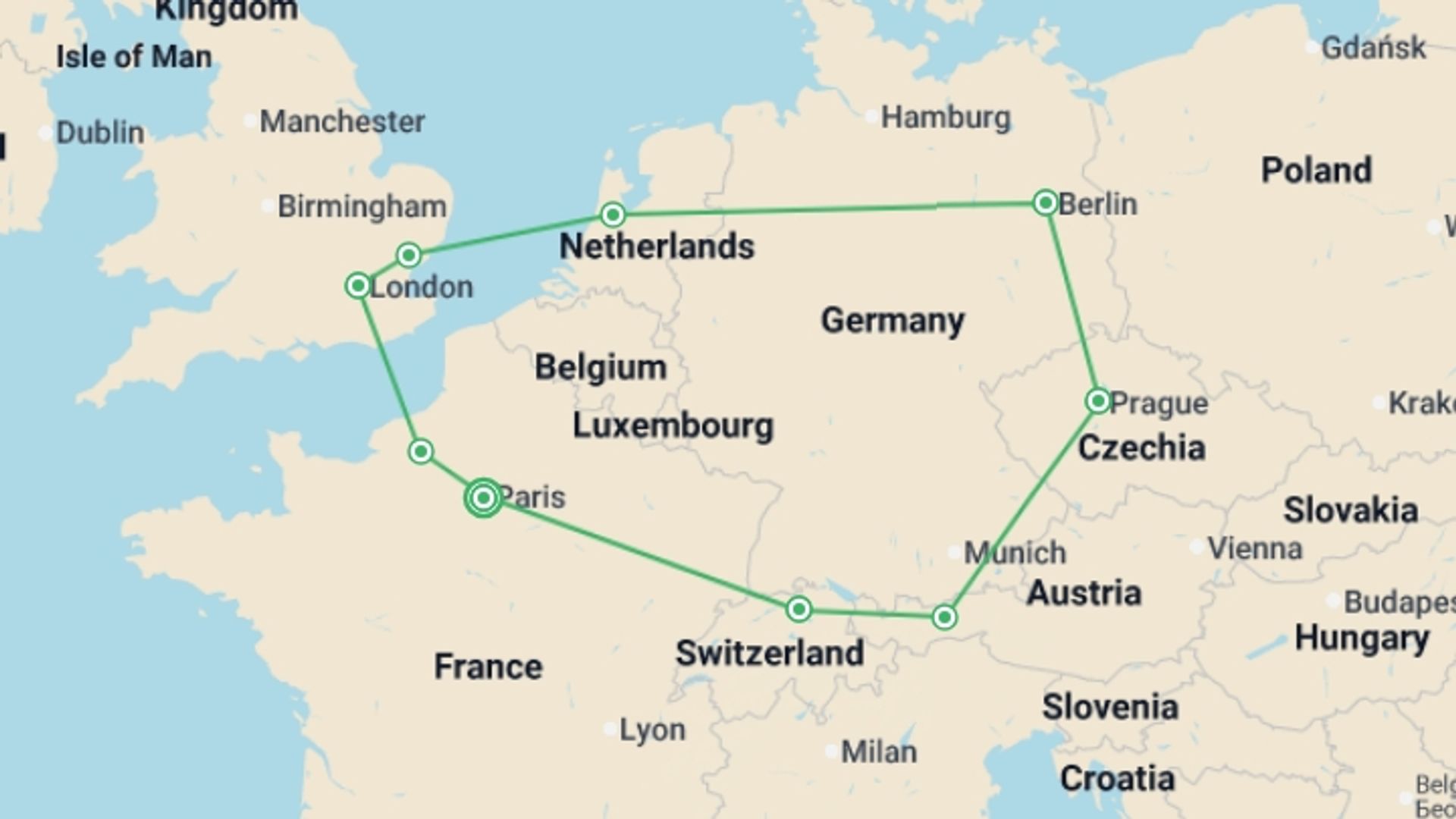 A map showing the tour itinerary for the trip: Paris, London and Central Capitals, starting in Paris, France and ending in Paris, France going through 8 other destinations.