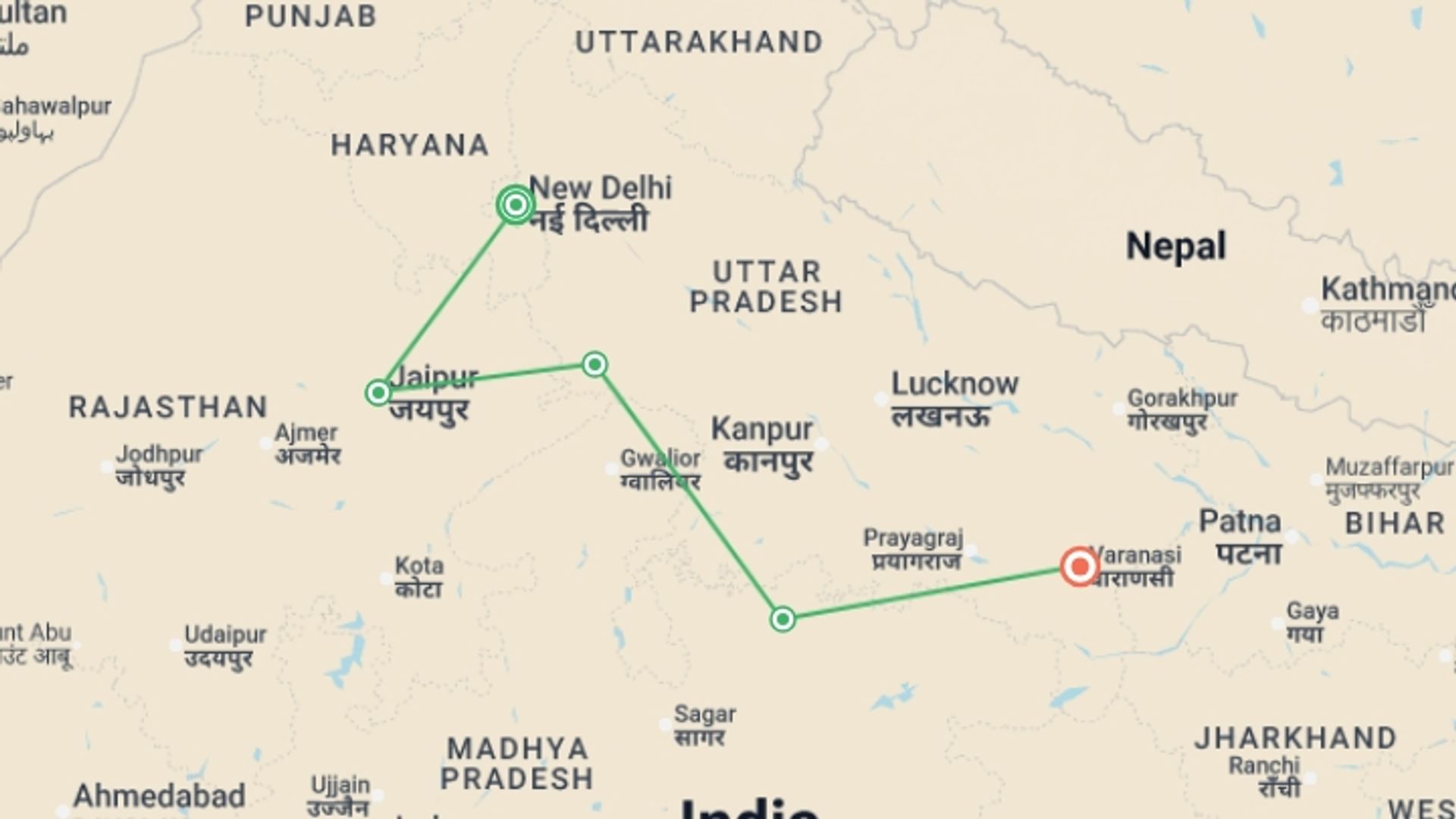 A map showing the tour itinerary for the trip: Classic India, Khajuraho & Varanasi (5 Star) - 9 days, starting in New Delhi, India and ending in Varanasi, India going through 3 other destinations.