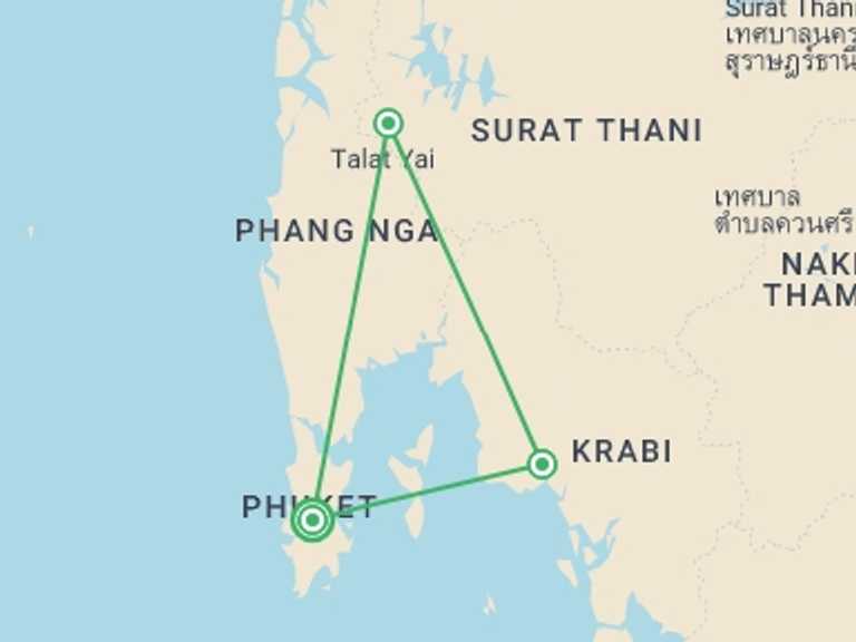 Map itinerary of Asia Tour in September 2027 with 3 destination visits for the trip: Southern Thailand Family Holiday