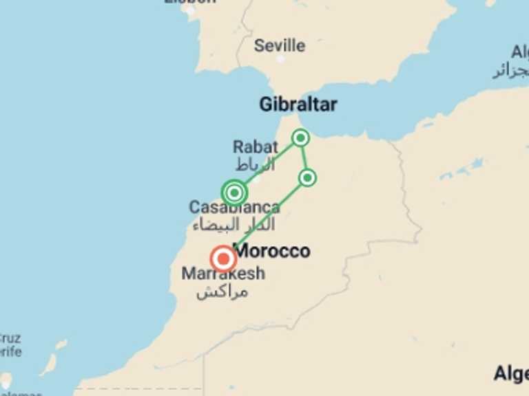 Map itinerary of Marrakech Tour in April 2027 with 4 destination visits for the trip: Northern Morocco: Blue Cities & Bustling Marrakech