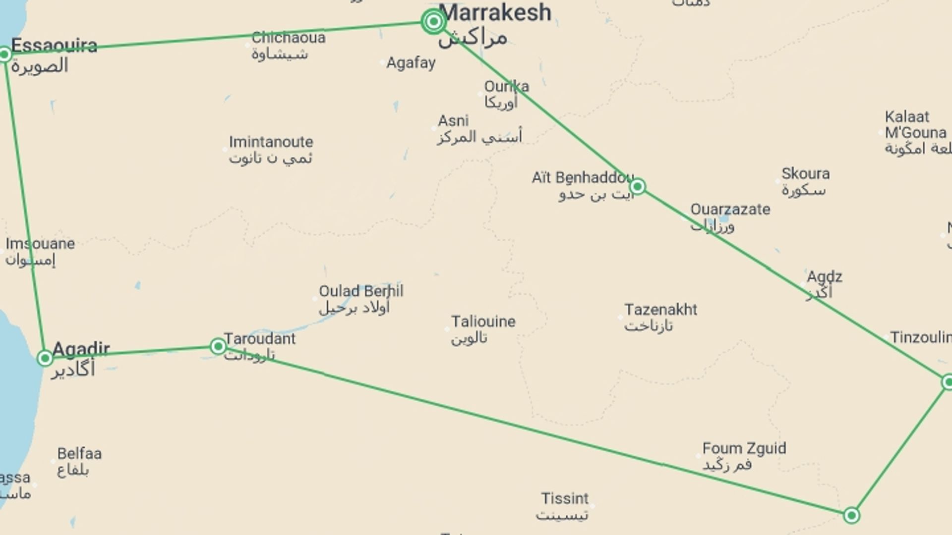 A map showing the tour itinerary for the trip: Southern Morocco - 8 days, starting in Marrakech, Morocco and ending in Marrakech, Morocco going through 6 other destinations.