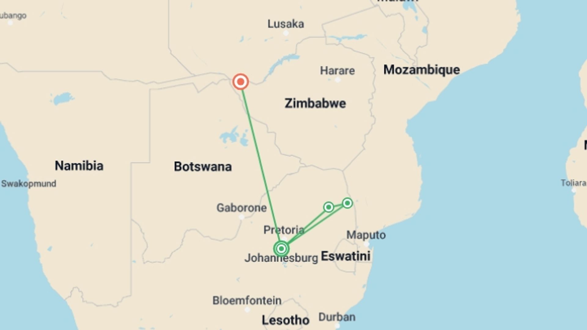 A map showing the tour itinerary for the trip: Journeys: Explore Kruger & Victoria Falls, starting in Johannesburg, South Africa and ending in Victoria Falls, Zimbabwe going through 2 other destinations.